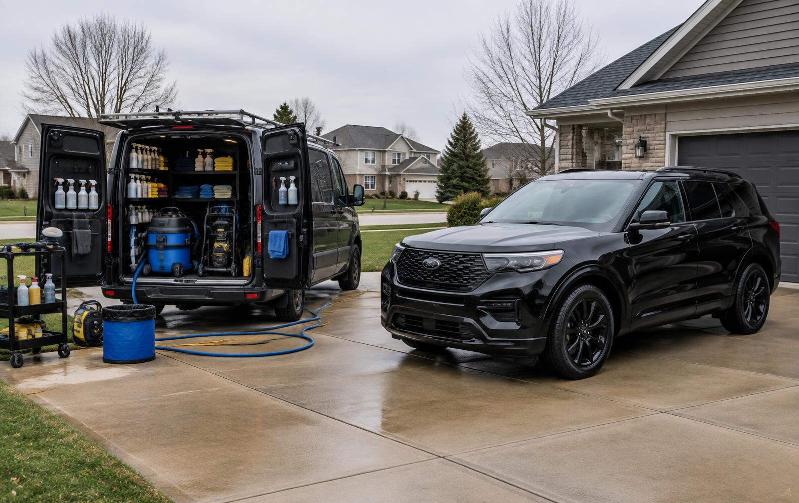 Mobile detailing setup beside a dark SUV in a suburban driveway