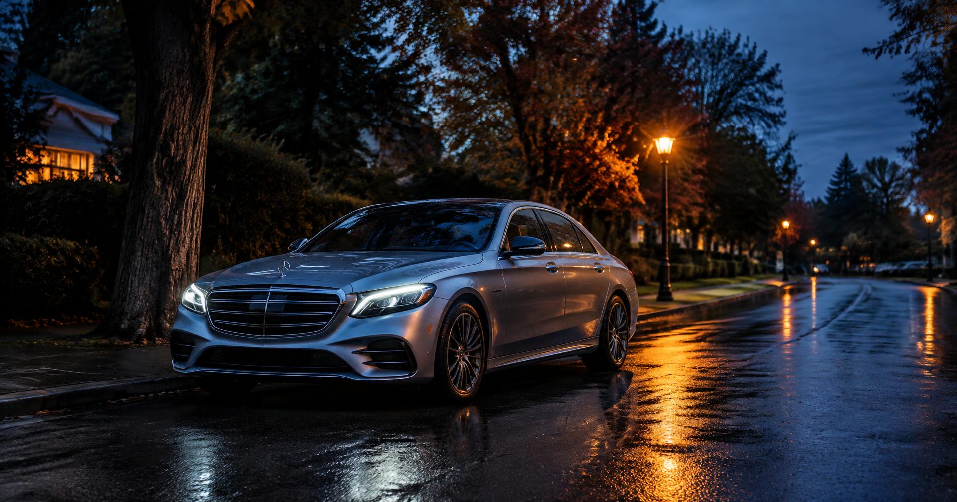 Silver luxury sedan on a quiet tree-lined suburban street at dusk