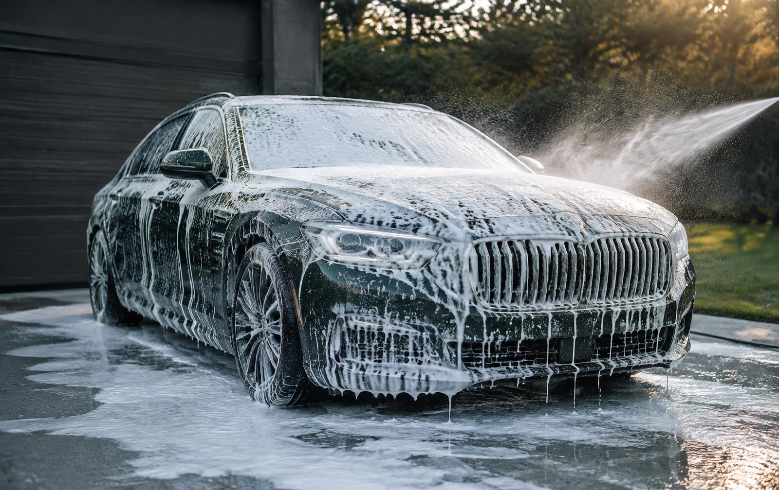 Thick foam wash covering a dark sedan in a suburban driveway