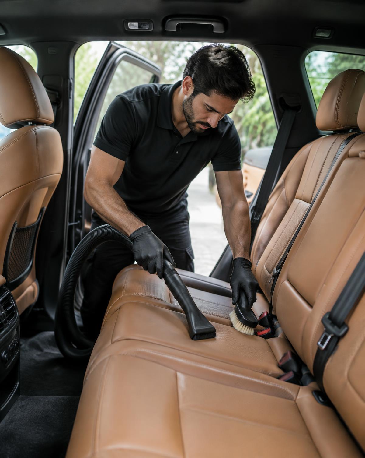 Detailer brushing and vacuuming tan leather rear seats