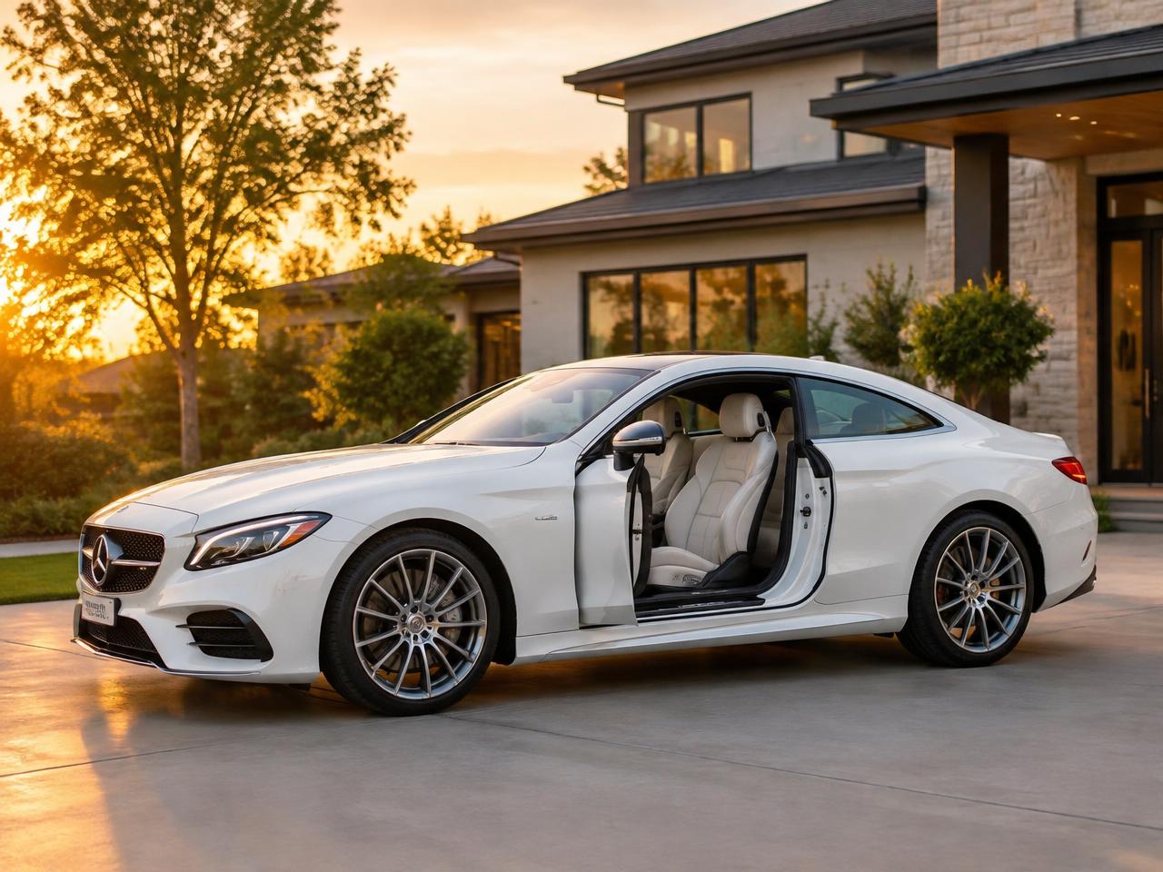 Pristine white luxury coupe with door open revealing a clean interior, parked in a driveway at golden hour