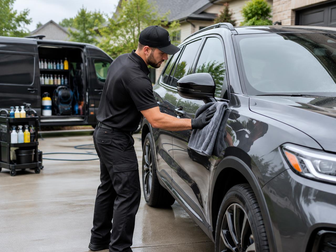 Detailer hand-drying a dark grey SUV beside a mobile detailing van in a residential driveway