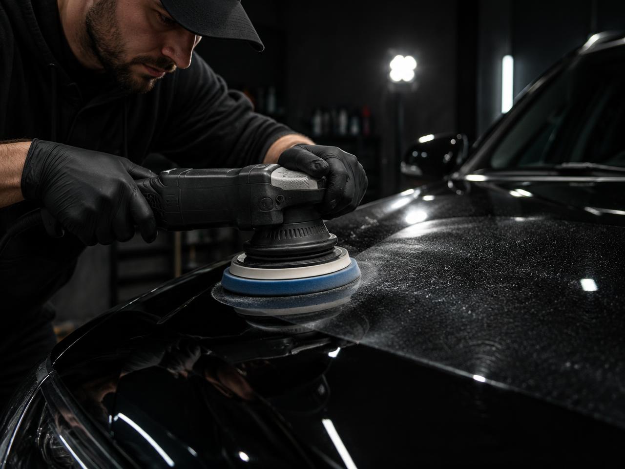 Machine polishing a black hood during paint correction