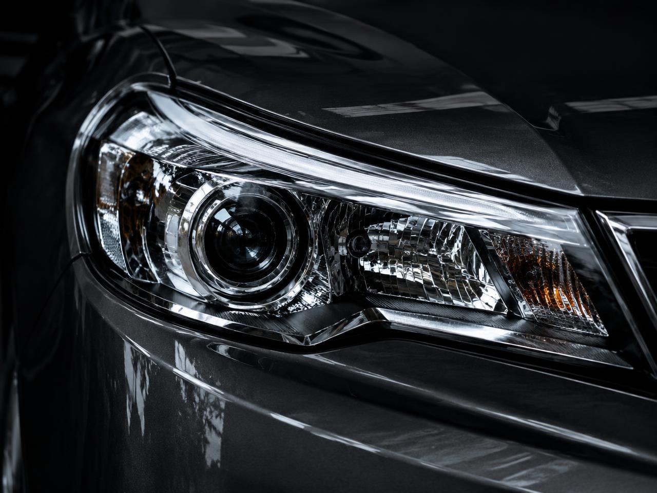 Restored, crystal-clear headlight on a dark grey car
